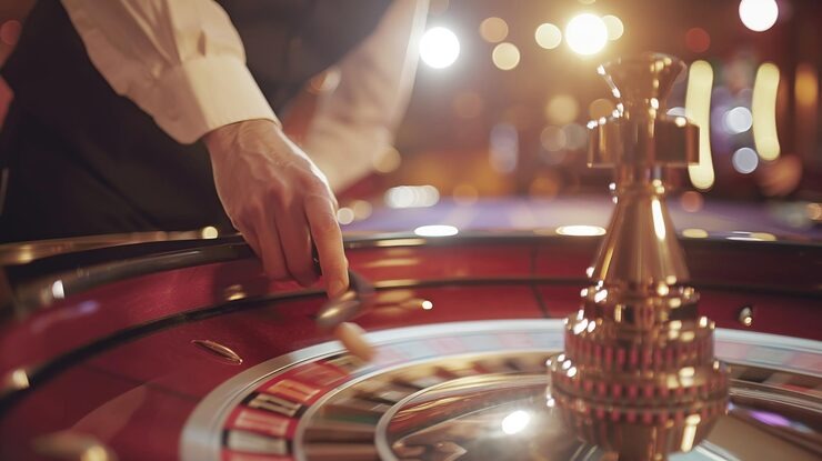 Live blackjack dealer at gb77 studio dealing cards with multiple camera angles visible